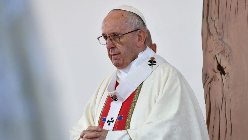 Pope Francis celebrates an open-air mass at Maquehue airport in Temuco, 800 km south of Santiago, on January 17, 2018. - Pope Francis arrived in the heartland of the Mapuche, Chile's largest indigenous group, which complains of discrimination and abuse and is seeking the return of ancestral lands now in private hands. The visiting Pontiff will pay a short visit to Temuco to make direct contact with Mapuche leaders after presiding over a huge open air mass. (Photo by Vincenzo PINTO and - / AFP) (Photo by VINCENZO PINTO/AFP via Getty Images)