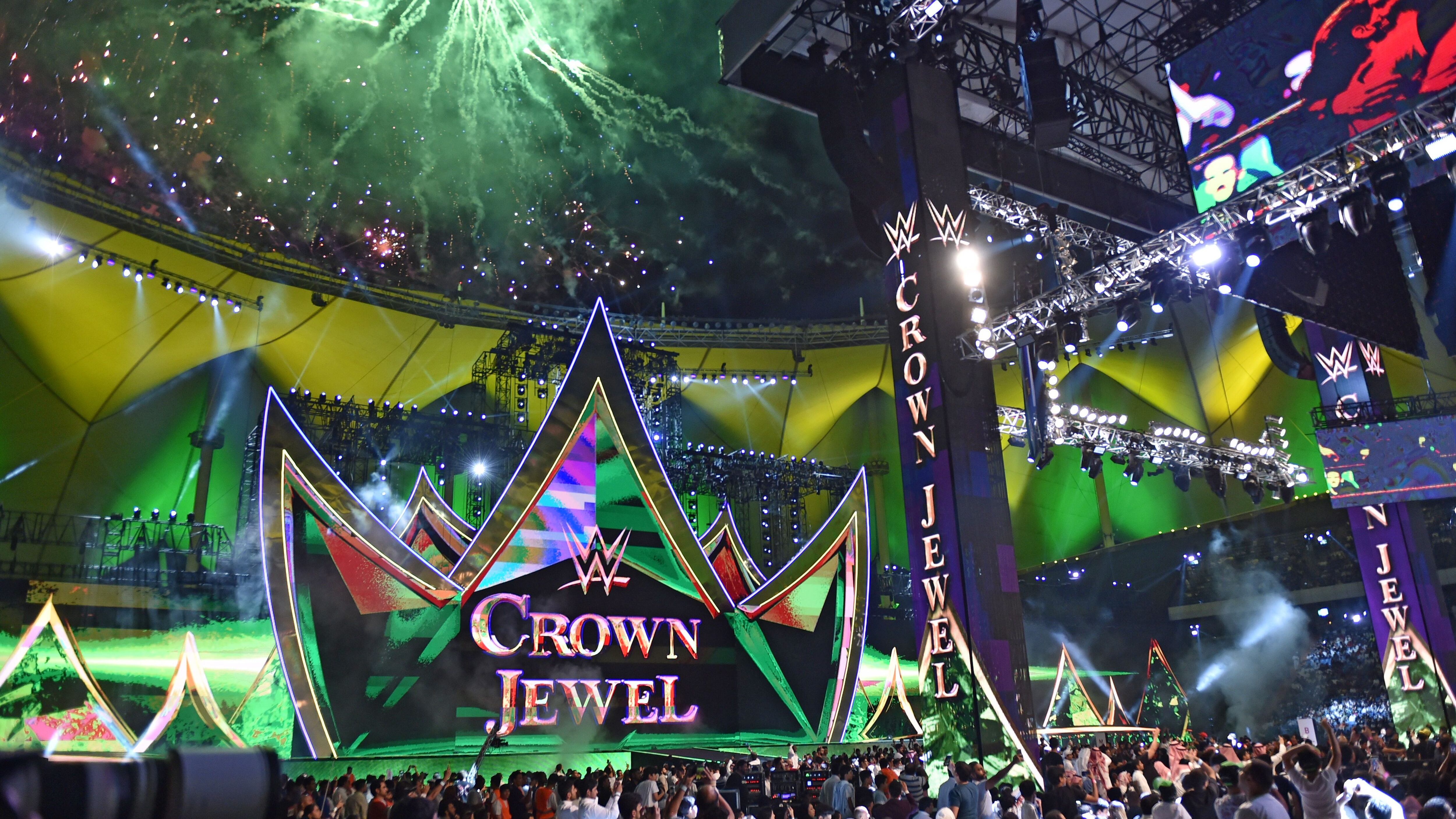 Fans cheer during the World Wrestling Entertainment (WWE) Crown Jewel pay-per-view in Riyadh on October 31, 2019. (Photo by Fayez Nureldine / AFP) (Photo by FAYEZ NURELDINE/AFP via Getty Images)