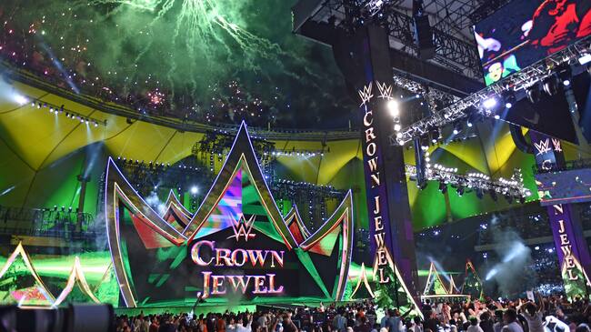 Fans cheer during the World Wrestling Entertainment (WWE) Crown Jewel pay-per-view in Riyadh on October 31, 2019. (Photo by Fayez Nureldine / AFP) (Photo by FAYEZ NURELDINE/AFP via Getty Images)