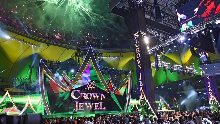 Fans cheer during the World Wrestling Entertainment (WWE) Crown Jewel pay-per-view in Riyadh on October 31, 2019. (Photo by Fayez Nureldine / AFP) (Photo by FAYEZ NURELDINE/AFP via Getty Images)