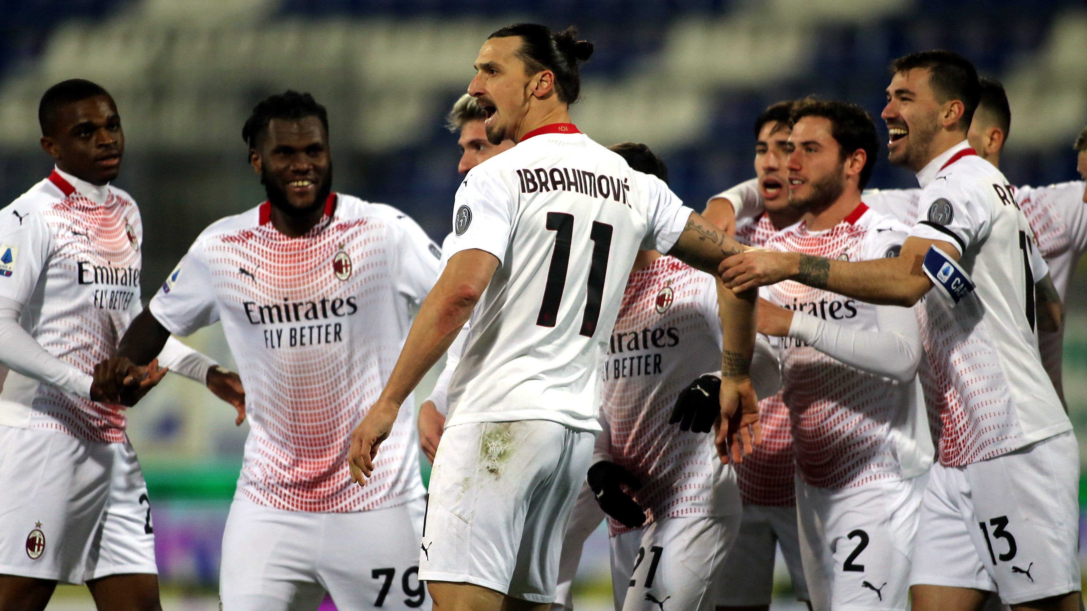 CAGLIARI, ITALY - JANUARY 18:  Zlatan Ibrahimovic of Milan celebrates his goal 0-2   during the Serie A match between Cagliari Calcio and AC Milan at Sardegna Arena on January 18, 2021 in Cagliari, Italy. (Photo by Enrico Locci/Getty Images)