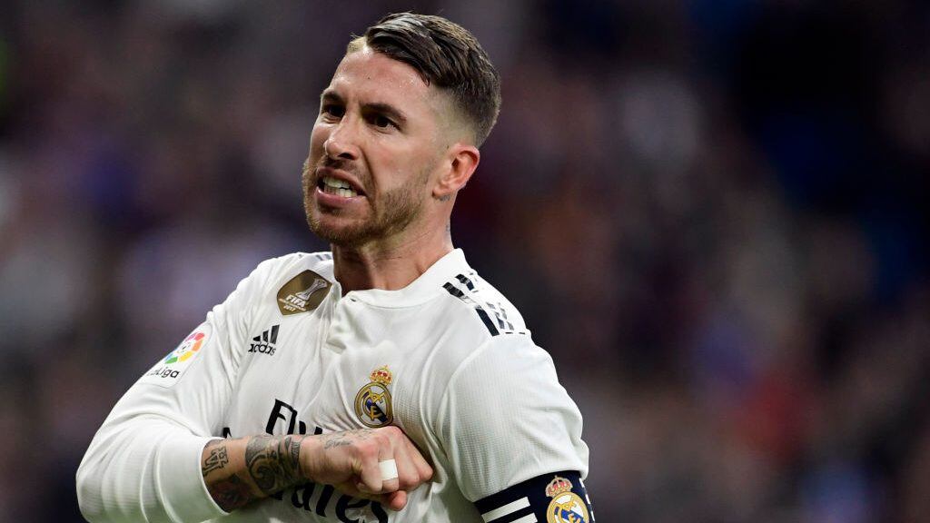 Real Madrid's Spanish defender Sergio Ramos celebrates scoring their second goal during the Spanish league football match between Real Madrid CF and Real Valladolid FC at the Santiago Bernabeu stadium in Madrid on November 3, 2018. (Photo by JAVIER SORIANO / AFP)        (Photo credit should read JAVIER SORIANO/AFP via Getty Images)