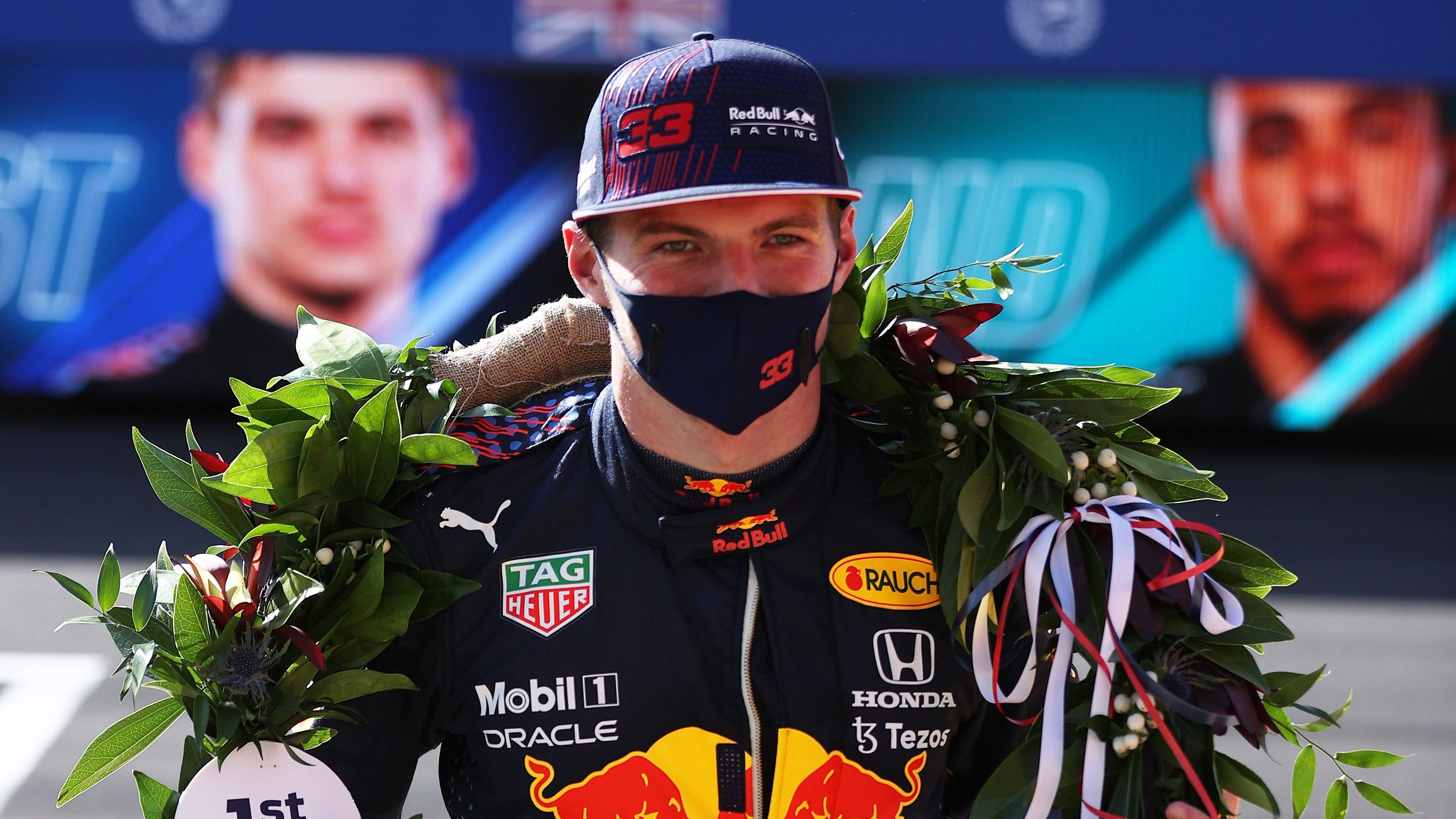NORTHAMPTON, ENGLAND - JULY 17: Winner Max Verstappen of Netherlands and Red Bull Racing celebrates in parc ferme during the Sprint for the F1 Grand Prix of Great Britain at Silverstone on July 17, 2021 in Northampton, England. (Photo by Lars Baron/Getty Images)