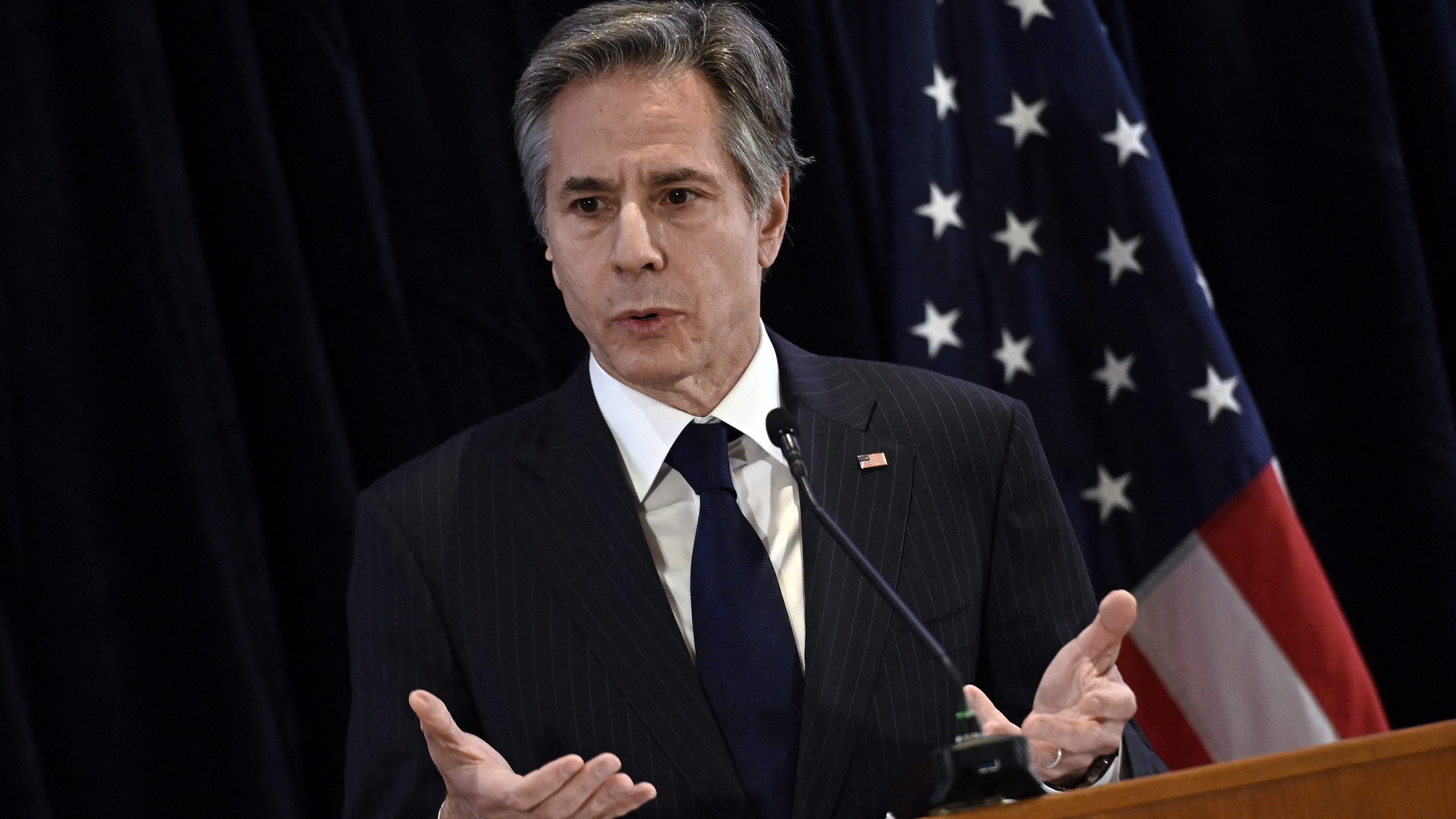 US Secretary of State Antony Blinken speaks during a press conference in Brussels, on March 4, 2022. (Photo by OLIVIER DOULIERY / Pool / AFP) (Photo by OLIVIER DOULIERY/Pool/AFP via Getty Images)