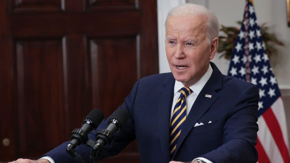 WASHINGTON, DC - MARCH 08:  U.S. President Joe Biden speaks in the Roosevelt Room of the White House March 8, 2022 in Washington, DC. During his remarks, Biden announced a full ban on imports of Russian oil and energy products as an additional step in holding Russia accountable for its invasion of Ukraine. (Photo by Win McNamee/Getty Images)