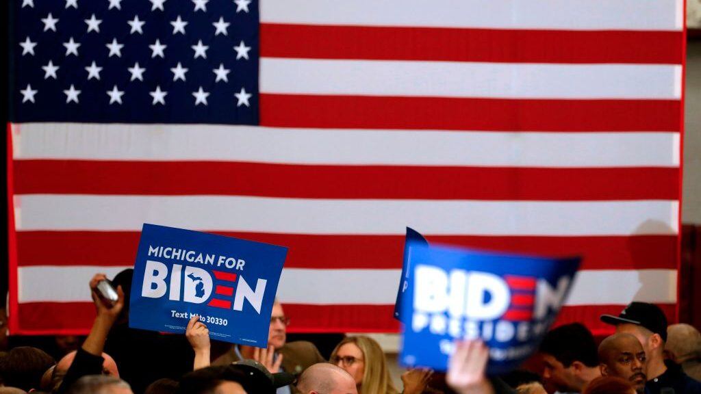 Supporters of Democratic presidential candidate former Vice President Joe Biden attend a campaign rally at Renaissance High School in Detroit, Michigan on March 9, 2020. (Photo by JEFF KOWALSKY / AFP) (Photo by JEFF KOWALSKY/AFP via Getty Images)