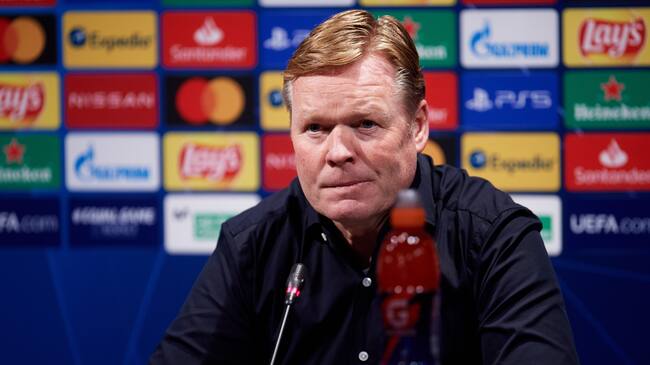 BARCELONA, SPAIN - FEBRUARY 16: Head Coach Ronald Koeman of FC Barcelona attends the media during the press conference following the UEFA Champions League Round of 16 match between FC Barcelona and Paris Saint-Germain at Camp Nou on February 16, 2021 in Barcelona, Spain. Sporting stadiums around Spain remain under strict restrictions due to the Coronavirus Pandemic as Government social distancing laws prohibit fans inside venues resulting in games being played behind closed doors. (Photo by Alex Caparros - UEFA/UEFA via Getty Images)