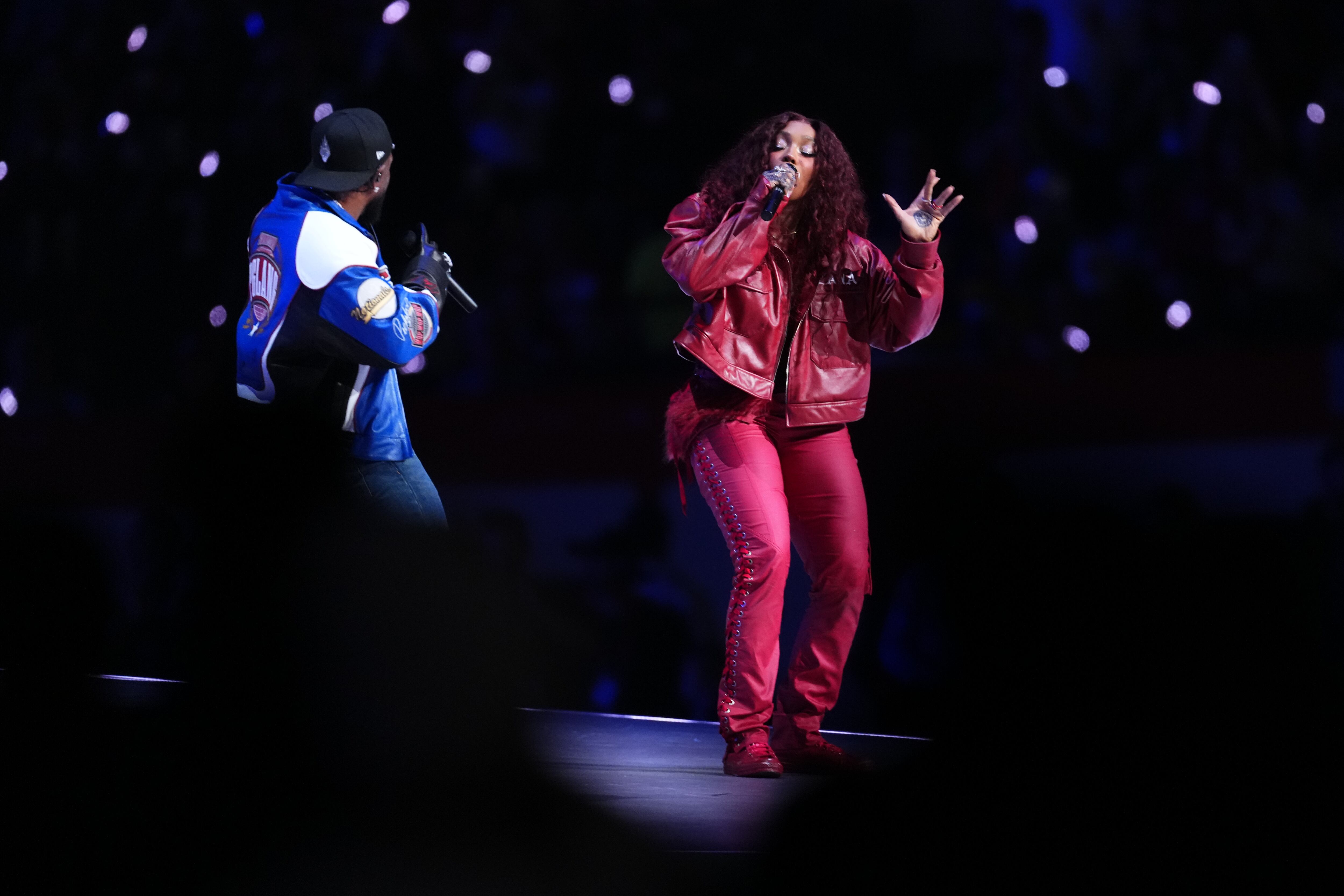 NEW ORLEANS, LA - FEBRUARY 09: Kendrick Lamar performs during the Super Bowl LIX halftime show at Caesars Superdome on February 9, 2025 in New Orleans, Louisiana. (Photo by Cooper Neill/Getty Images)