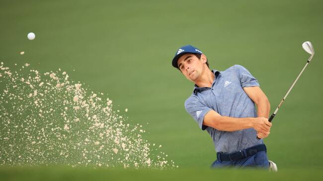 AUGUSTA, GEORGIA - APRIL 10: Joaquin Niemann of Chile plays a shot from a bunker on the second hole during the third round of the Masters at Augusta National Golf Club on April 10, 2021 in Augusta, Georgia. (Photo by Mike Ehrmann/Getty Images)
