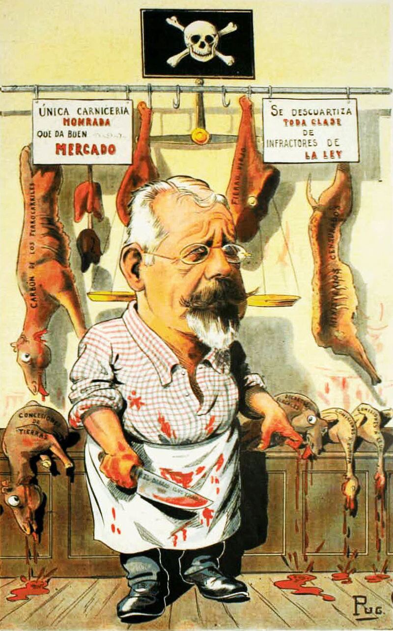 Caricatura del Presidente de Chile Germán Riesco, que ilustra el " mitin de la carne". Caricatura de Pug en Revista Zig-Zag