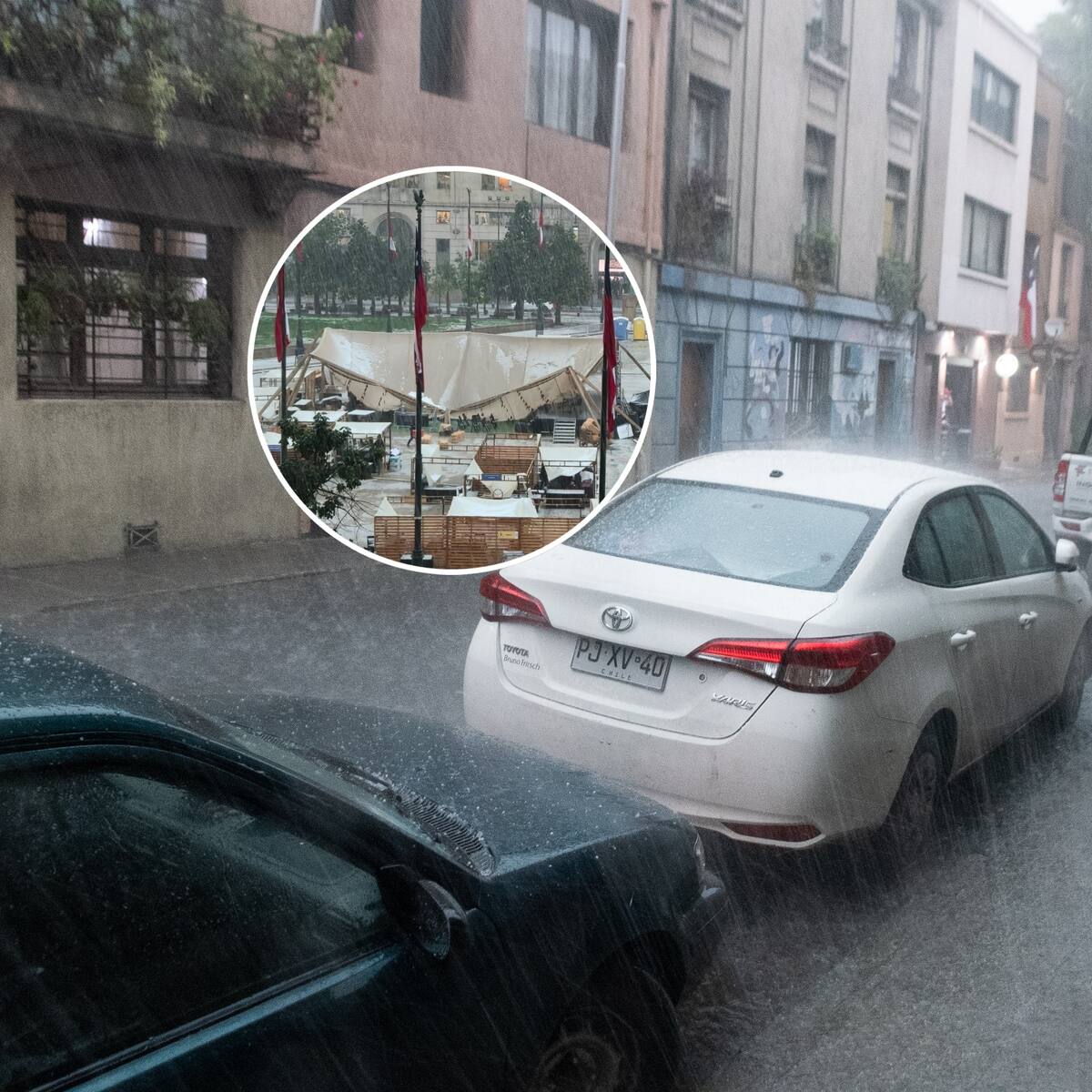 Tormenta en Santiago provoca caída de carpa de la Semana de la Pyme instalada frente a La Moneda