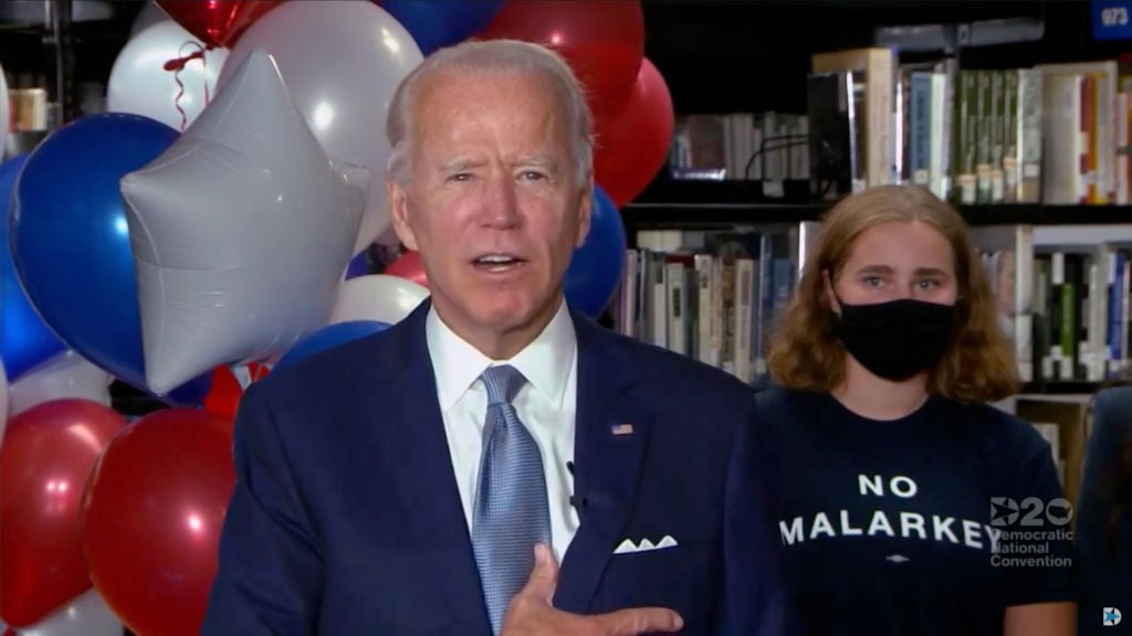 MILWAUKEE, WI - AUGUST 18: In this screenshot from the DNCC’s livestream of the 2020 Democratic National Convention, Presumptive Democratic presidential nominee former Vice President Joe Biden gives a thank you speech with supporters during the virtual convention on August 18, 2020.  The convention, which was once expected to draw 50,000 people to Milwaukee, Wisconsin, is now taking place virtually due to the coronavirus pandemic.  (Photo by DNCC via Getty Images)  (Photo by Handout/DNCC via Getty Images)