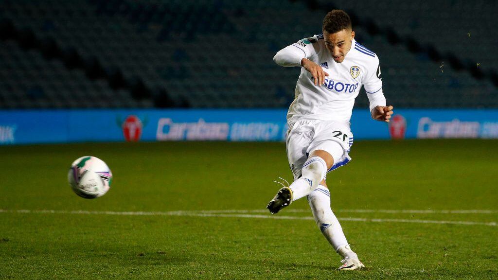 LEEDS, ENGLAND - SEPTEMBER 16: Rodrigo Moreno of Leeds United scores his sides first penalty during the Carabao Cup Second Round match between Leeds United and Hull City at Elland Road on September 16, 2020 in Leeds, England. (Photo by Phil Noble - Pool/Getty Images)