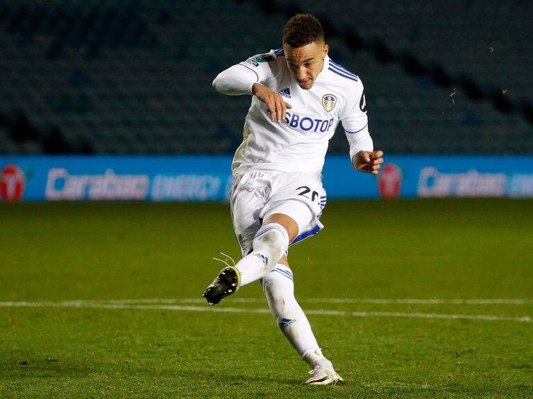 LEEDS, ENGLAND - SEPTEMBER 16: Rodrigo Moreno of Leeds United scores his sides first penalty during the Carabao Cup Second Round match between Leeds United and Hull City at Elland Road on September 16, 2020 in Leeds, England. (Photo by Phil Noble - Pool/Getty Images)