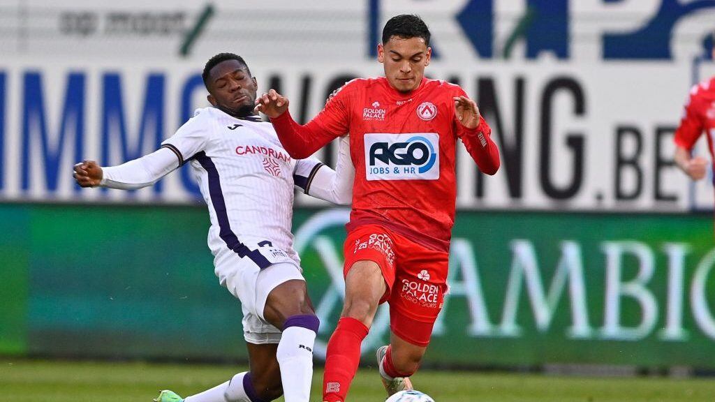 Anderlecht's Francis Amuzu and Kortrijk's Nayel Mehssatou fight for the ball during a soccer match between KV Kortrijk and RSC Anderlecht, Sunday 10 April 2022 in Kortrijk, on day 34 of the 'Jupiler Pro League' first division of the Belgian championship. BELGA PHOTO DAVID CATRY (Photo by DAVID CATRY / BELGA MAG / Belga via AFP) (Photo by DAVID CATRY/BELGA MAG/AFP via Getty Images)