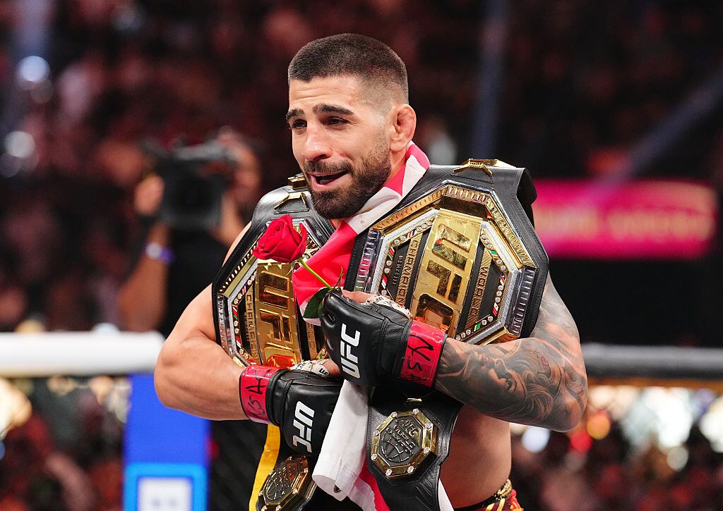 LAS VEGAS, NEVADA - JUNE 28: Ilia Topuria of Spain reacts to his win over Charles Oliveira of Brazil in the UFC lightweight championship bout during the UFC 317 event at T-Mobile Arena on June 28, 2025 in Las Vegas, Nevada. (Photo by Chris Unger/Zuffa LLC)