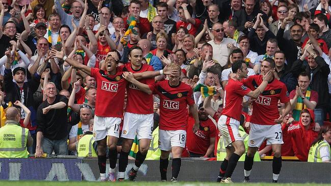 MANCHESTER, ENGLAND - APRIL 24: Nani of Manchester United celebrates scoring their second goal during the Barclays Premier League match between Manchester United and Tottenham Hotspur at Old Trafford on April 24 2010 in Manchester, England. (Photo by John Peters/Manchester United via Getty Images)