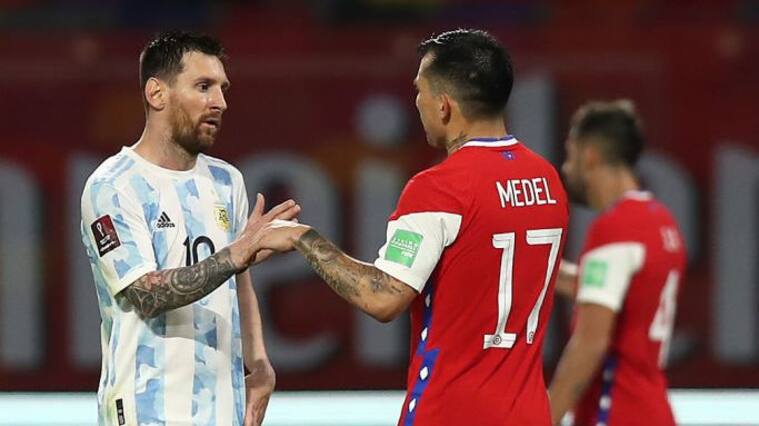 SANTIAGO DEL ESTERO, ARGENTINA - JUNE 03: Lionel Messi of Argentina greets Gary Medel of Chile after a match between Argentina and Chile as part of South American Qualifiers for Qatar 2022 at Estadio Unico Madre de Ciudades on June 03, 2021 in Santiago del Estero, Argentina. (Photo by Agustin Marcarian - Pool/Getty Images)