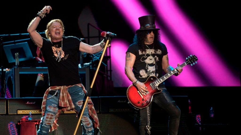 Axl Rose (L) and Slash of the band "Guns N´ Roses" perform during the Vive Latino 2020 festival at the Foro Sol in Mexico City, on March 14, 2020. - The festival is carried out with extreme health measures to avoid the spread of the coronavirus, COVID-19. (Photo by Alejandro MELENDEZ / AFP) (Photo by ALEJANDRO MELENDEZ/AFP via Getty Images)