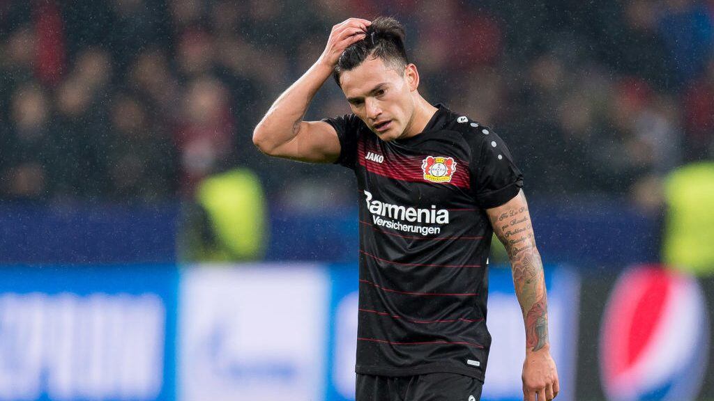 LEVERKUSEN, GERMANY - FEBRUARY 21: Charles Aranguiz of Bayer Leverkusen looks dejected after the UEFA Champions League Round of 16 first leg match between Bayer Leverkusen and Club Atletico de Madrid at BayArena on February 21, 2017 in Leverkusen, Germany. (Photo by TF-Images/Getty Images)