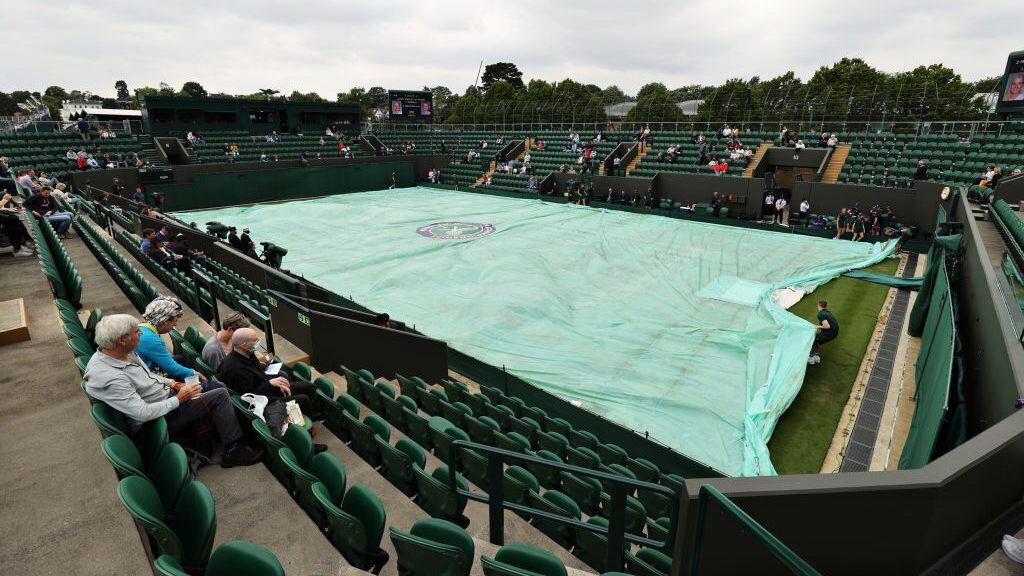 LONDON, ENGLAND - JUNE 29: A general view of court 3 as the covers protect the court from the rain during Day Two of The Championships - Wimbledon 2021 at All England Lawn Tennis and Croquet Club on June 29, 2021 in London, England. (Photo by Clive Brunskill/Getty Images)