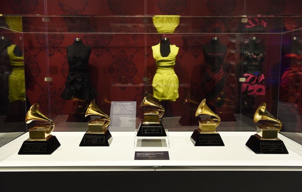 LOS ANGELES, CALIFORNIA - JANUARY 20: Singer Amy Winehouse's GRAMMY Awards are displayed at the Opening Night of The Grammy Museum Exhibit "Beyond Black - The Style Of Amy Winehouse" at The GRAMMY Museum on January 20, 2020 in Los Angeles, California. (Photo by Amanda Edwards/Getty Images)