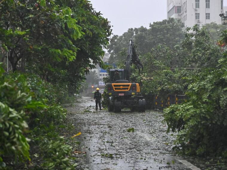 Los trabajadores en la ciudad de Zhanjiang, de la provincia de Hainan, intentan despejar los caminos tras el arribo del supertifón Yagi a China