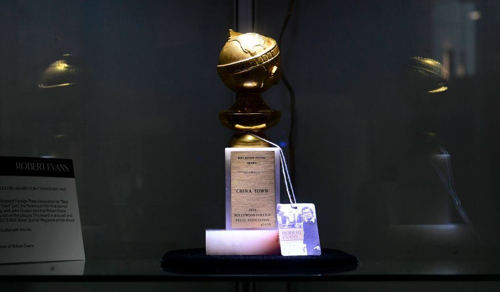 Robert Evans's 1974 Golden Globe Award from the movie "Chinatown" (est. $3,000-$5,000) is displayed during an auction preview of "Property from the Estate of Robert Evans" at Julien's Auctions on October 19, 2020 in Beverly Hills, California. - The auction is due to take place on October 24. (Photo by Frederic J. BROWN / AFP) (Photo by FREDERIC J. BROWN/AFP via Getty Images)
