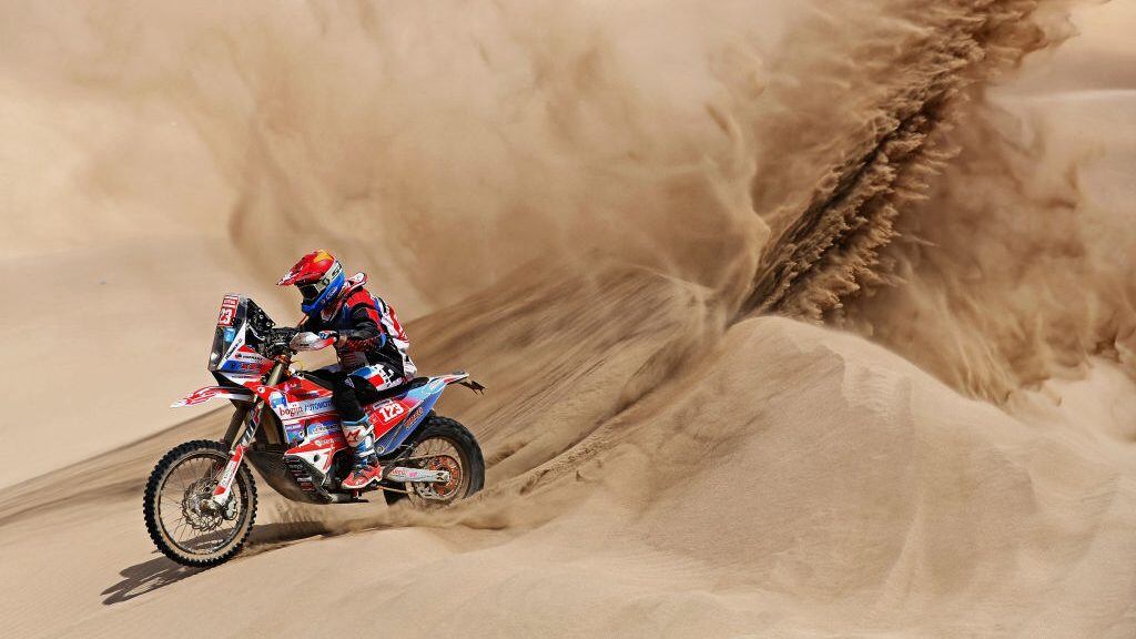 AREQUIPA, PERU - JANUARY 13: Sjors Van Hertum No. 123 Motorbike ridden by Mark Tielemans of The Netherlands competes in the desert on the sand during Stage Six of the 2019 Dakar Rally between Arequipa and San Juan de Marcona on January 13, 2019 near Arequipa, Peru. (Photo by Dean Mouhtaropoulos/Getty Images)