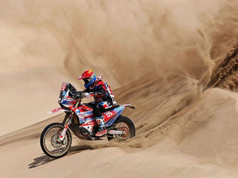 AREQUIPA, PERU - JANUARY 13: Sjors Van Hertum No. 123 Motorbike ridden by Mark Tielemans of The Netherlands competes in the desert on the sand during Stage Six of the 2019 Dakar Rally between Arequipa and San Juan de Marcona on January 13, 2019 near Arequipa, Peru. (Photo by Dean Mouhtaropoulos/Getty Images)