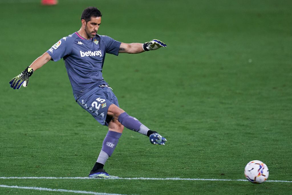 SEVILLE, SPAIN - APRIL 11: Claudio Bravo of Real Betis in action during the La Liga Santander match between Real Betis and Atletico de Madrid at Estadio Benito Villamarin on April 11, 2021 in Seville, Spain. Sporting stadiums around Spain remain under strict restrictions due to the Coronavirus Pandemic as Government social distancing laws prohibit fans inside venues resulting in games being played behind closed doors. (Photo by Mateo Villalba/Quality Sport Images/Getty Images)