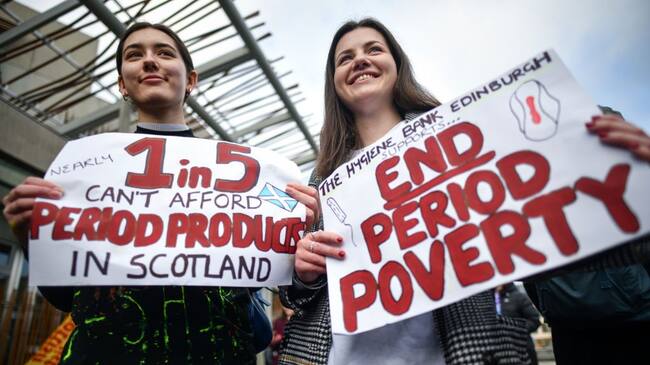 EDINBURGH, SCOTLAND - FEBRUARY 25: Campaigners and activists rally outside the Scottish Parliament in support of the Scottish Governments Support For Period Products Bill on February 25, 2020 in Edinburgh,Scotland. MSPs are set to back plans to tackle period poverty by making sanitary products available to all free of charge,the legislation, put forward by Labour MSP Monica Lennon, is likely to be passed at its first vote in Holyrood later today. (Photo by Jeff J Mitchell/Getty Images)