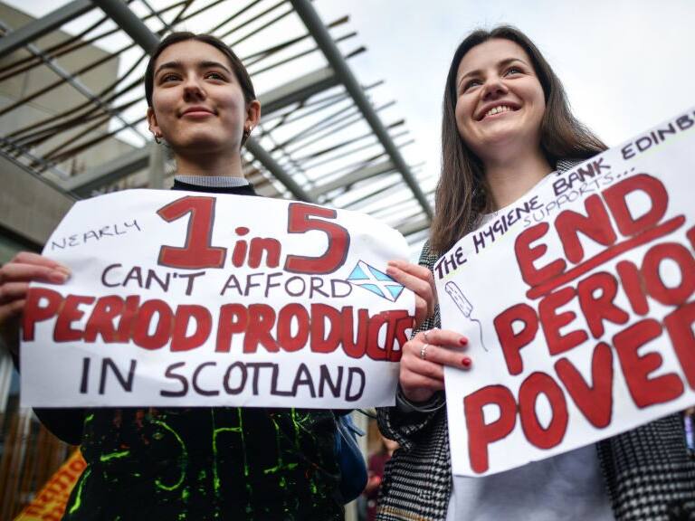 EDINBURGH, SCOTLAND - FEBRUARY 25: Campaigners and activists rally outside the Scottish Parliament in support of the Scottish Governments Support For Period Products Bill on February 25, 2020 in Edinburgh,Scotland. MSPs are set to back plans to tackle period poverty by making sanitary products available to all free of charge,the legislation, put forward by Labour MSP Monica Lennon, is likely to be passed at  its first vote in Holyrood later today. (Photo by Jeff J Mitchell/Getty Images)