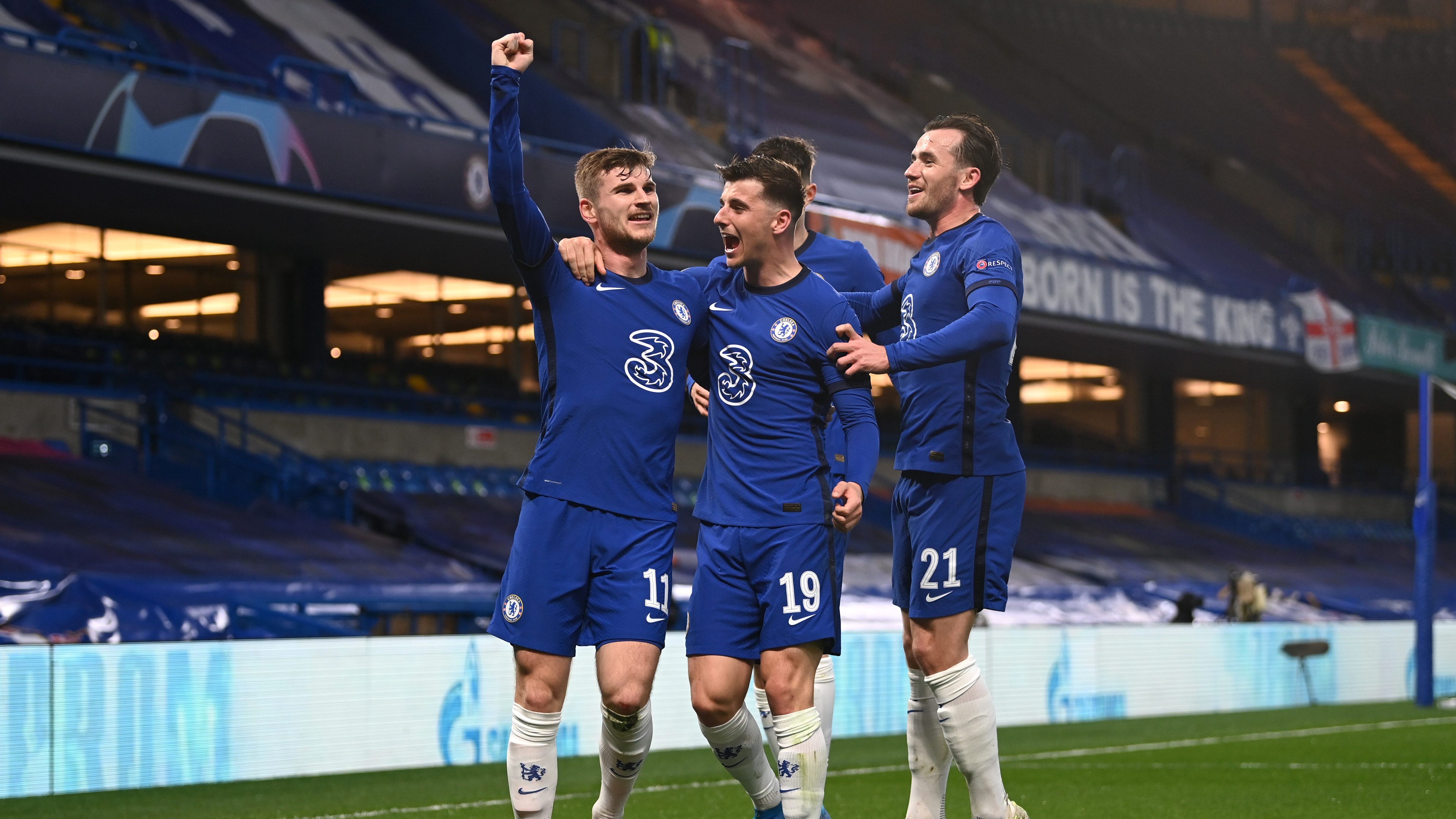 LONDON, ENGLAND - MAY 05: Timo Werner of Chelsea celebrates with teammates Mason Mount, Kai Havertz and Ben Chilwell after scoring their team's first goal during the UEFA Champions League Semi Final Second Leg match between Chelsea and Real Madrid at Stamford Bridge on May 05, 2021 in London, England. Sporting stadiums around Europe remain under strict restrictions due to the Coronavirus Pandemic as Government social distancing laws prohibit fans inside venues resulting in games being played behind closed doors. (Photo by Darren Walsh/Chelsea FC via Getty Images)