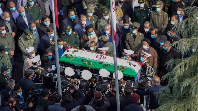 TEHRAN, IRAN - NOVEMBER 30: (----EDITORIAL USE ONLY MANDATORY CREDIT - "IRANIAN DEFENSE MINISTRY / HANDOUT" - NO MARKETING NO ADVERTISING CAMPAIGNS - DISTRIBUTED AS A SERVICE TO CLIENTS----) A funeral ceremony of Iranian Top nuclear scientist, Mohsen Fakhrizadeh Mahabadi, held at Defense Ministry of Iran in Tehran, Iran on November 30, 2020. Fakhrizadeh, who headed research and innovation at the defense ministry, was attacked Friday in Damavand county near Tehran. (Photo by Iranian Defense Ministry/Handout/Anadolu Agency via Getty Images)