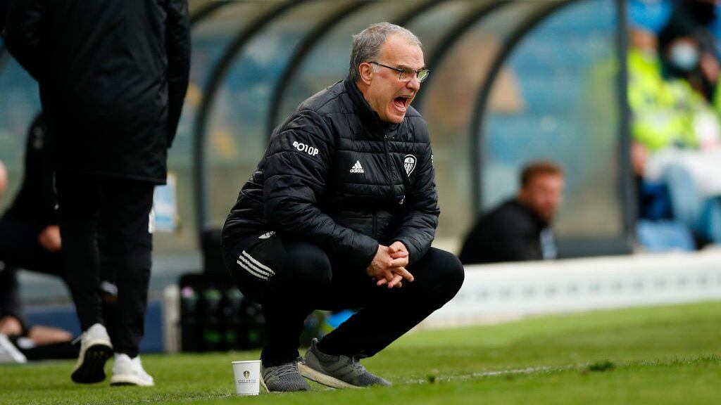 LEEDS, ENGLAND - MAY 23: Marcelo Bielsa, Manager of Leeds United reacts during the Premier League match between Leeds United and West Bromwich Albion at Elland Road on May 23, 2021 in Leeds, England. A limited number of fans will be allowed into Premier League stadiums as Coronavirus restrictions begin to ease in the UK. (Photo by Lynne Cameron - Pool/Getty Images)