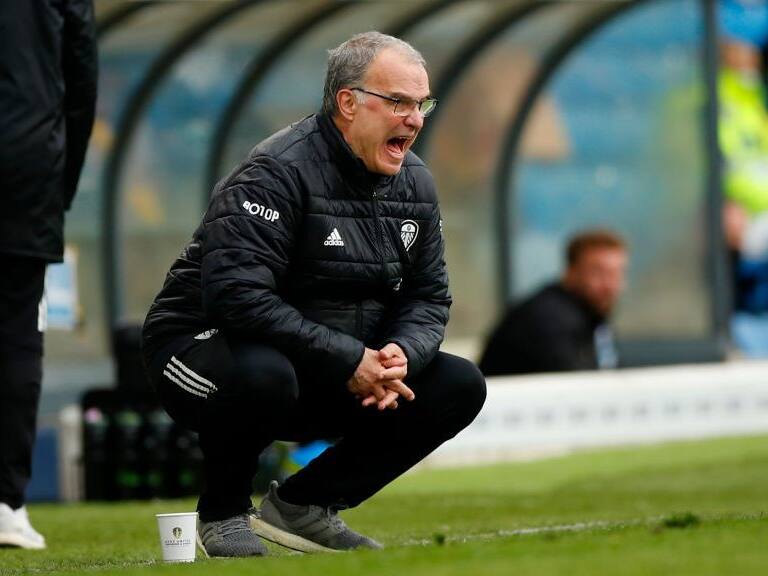 LEEDS, ENGLAND - MAY 23: Marcelo Bielsa, Manager of Leeds United reacts during the Premier League match between Leeds United and West Bromwich Albion at Elland Road on May 23, 2021 in Leeds, England. A limited number of fans will be allowed into Premier League stadiums as Coronavirus restrictions begin to ease in the UK. (Photo by Lynne Cameron - Pool/Getty Images)