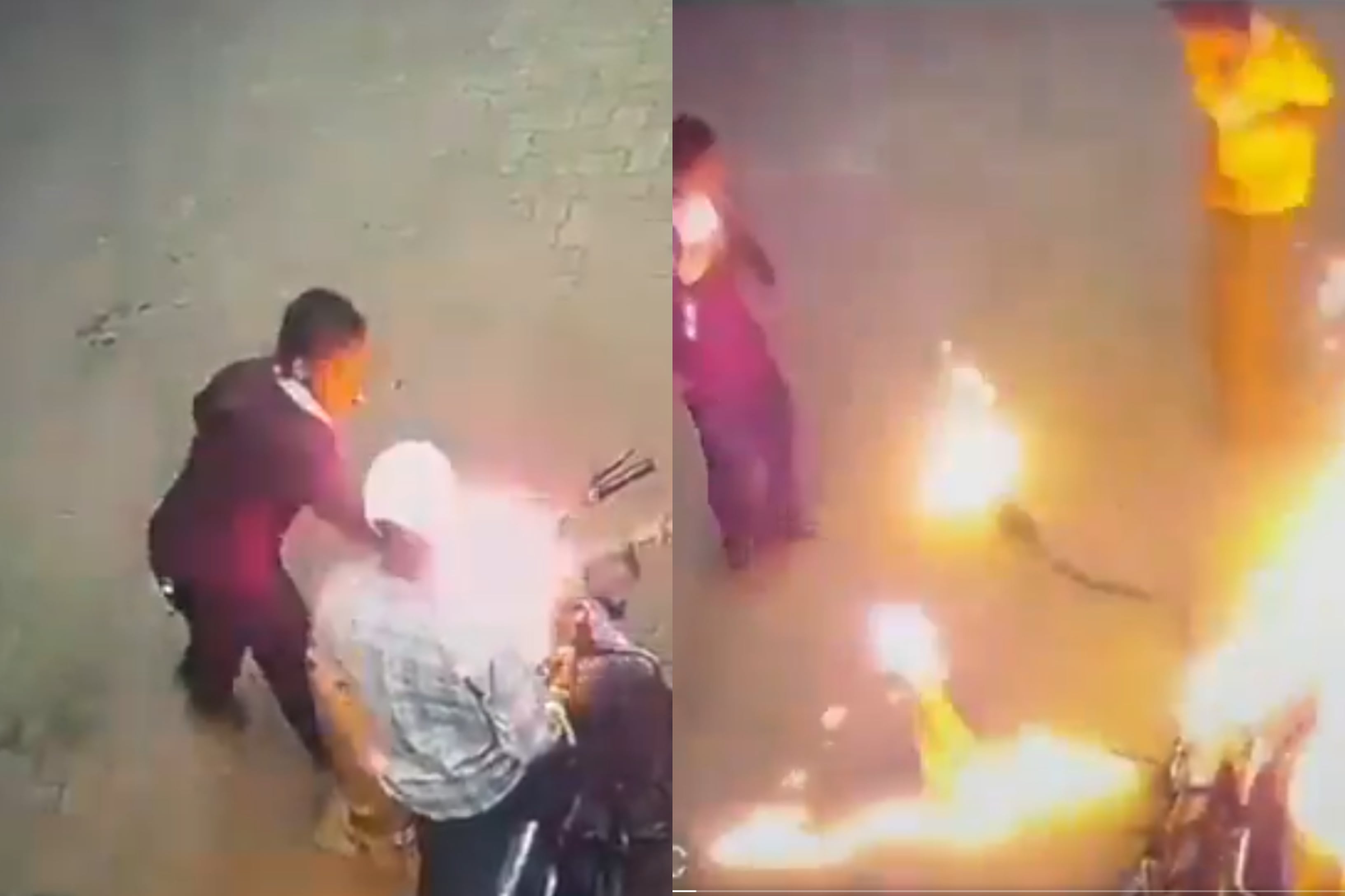 Hombre enciende dispensador de bencina tras prender un cigarro en India.
