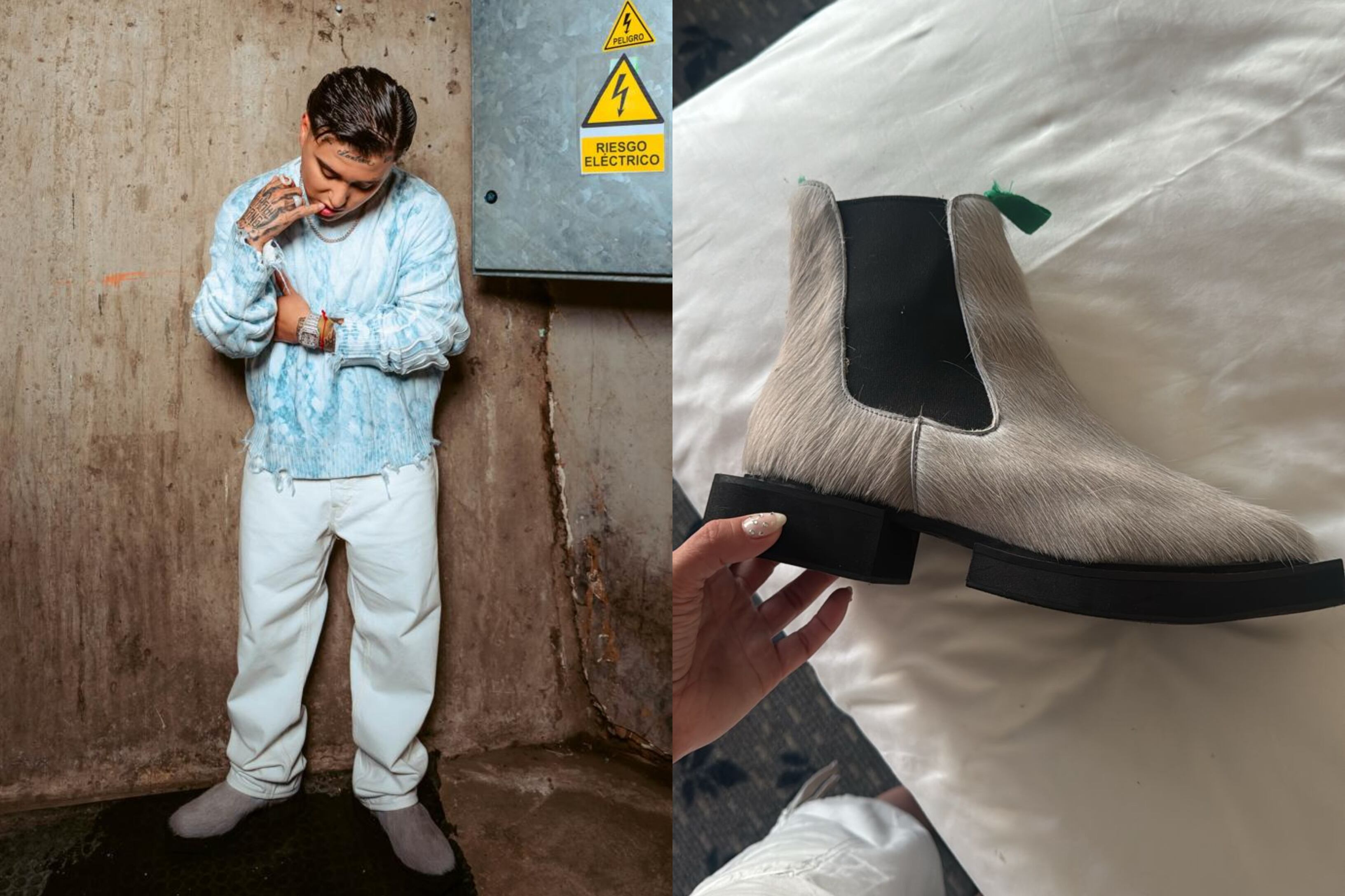 Pablo Chill-E en la segunda jornada del Festival de Viña 2026 vestido por Tiare Arévalo con jeans regular fit claros, intervenidos y adaptados por ella, un chaleco celeste de Scuffers y botas Cresta gris claro con textura tipo pelo.
Foto: @frafractal