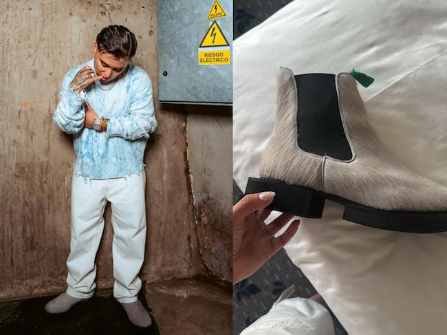 Pablo Chill-E en la segunda jornada del Festival de Viña 2026 vestido por Tiare Arévalo con jeans regular fit claros, intervenidos y adaptados por ella, un chaleco celeste de Scuffers y botas Cresta gris claro con textura tipo pelo.
Foto: @frafractal