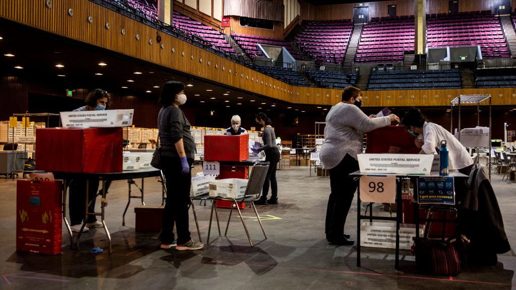 SAN FRANCISCO, CA - NOVEMBER 03: Workers sort ballots at the Bill Graham Civic Auditorium on November 3, 2020 in San Francisco, California. After a record-breaking early voting turnout, Americans head to the polls on the last day to cast their votes for incumbent U.S. President Donald Trump or Democratic nominee Joe Biden in the 2020 presidential election. (Photo by Stephen Lam/Getty Images)