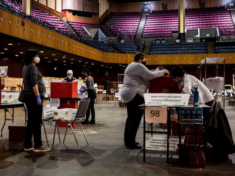 SAN FRANCISCO, CA - NOVEMBER 03: Workers sort ballots at the Bill Graham Civic Auditorium on November 3, 2020 in San Francisco, California. After a record-breaking early voting turnout, Americans head to the polls on the last day to cast their votes for incumbent U.S. President Donald Trump or Democratic nominee Joe Biden in the 2020 presidential election. (Photo by Stephen Lam/Getty Images)