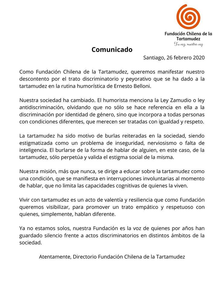 El comunicado de la Fundación Chilena de la Tartamudez.