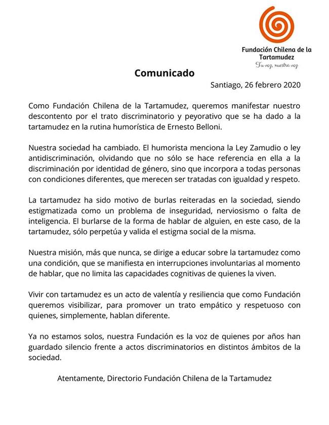 El comunicado de la Fundación Chilena de la Tartamudez.