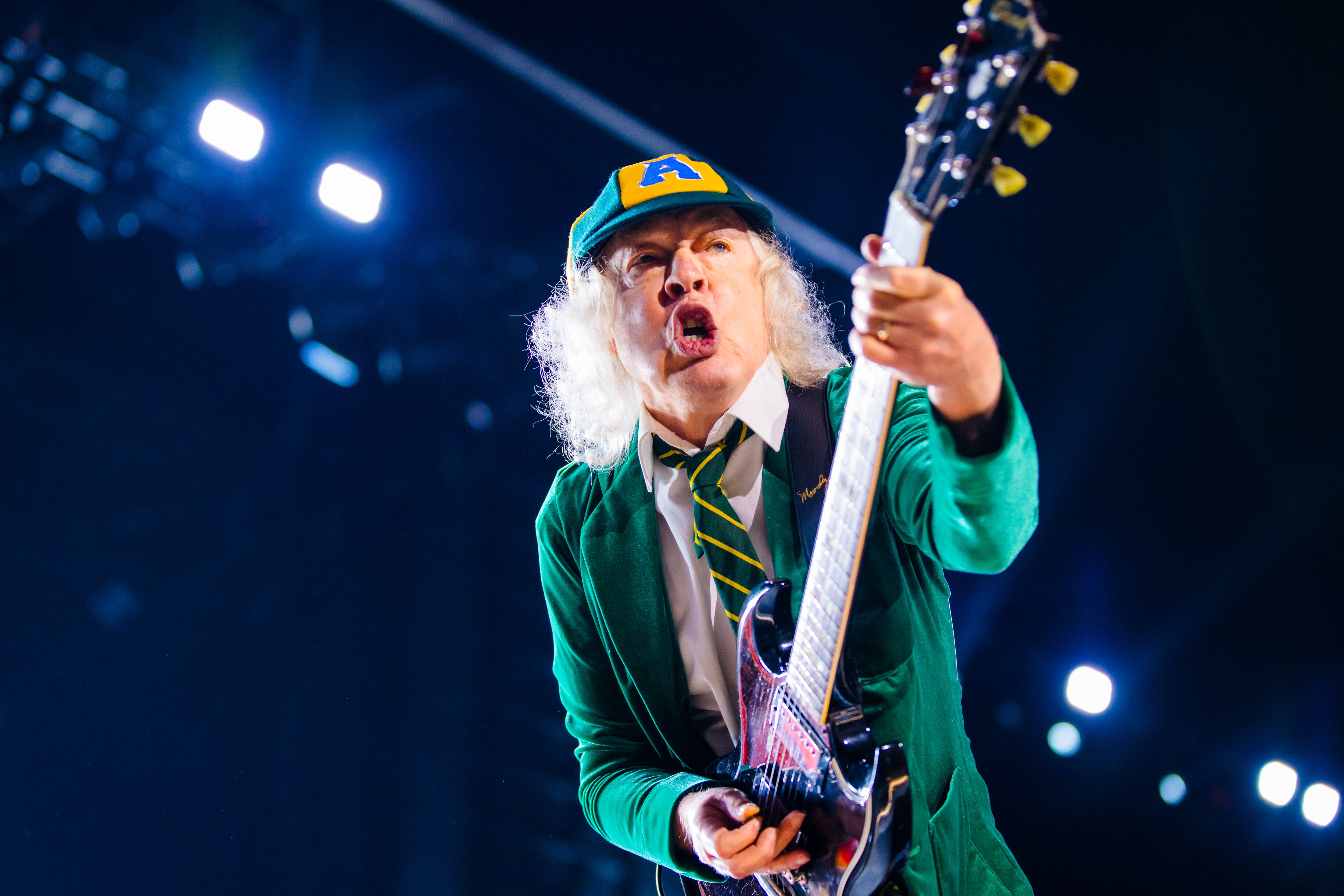 SAO PAULO, BRAZIL - FEBRUARY 26: Angus Young of AC/DC performs live on stage as part of the "Power Up" tour at MorumBIS on February 24, 2026 in Sao Paulo, Brazil.(Photo by Mauricio Santana/Getty Images)