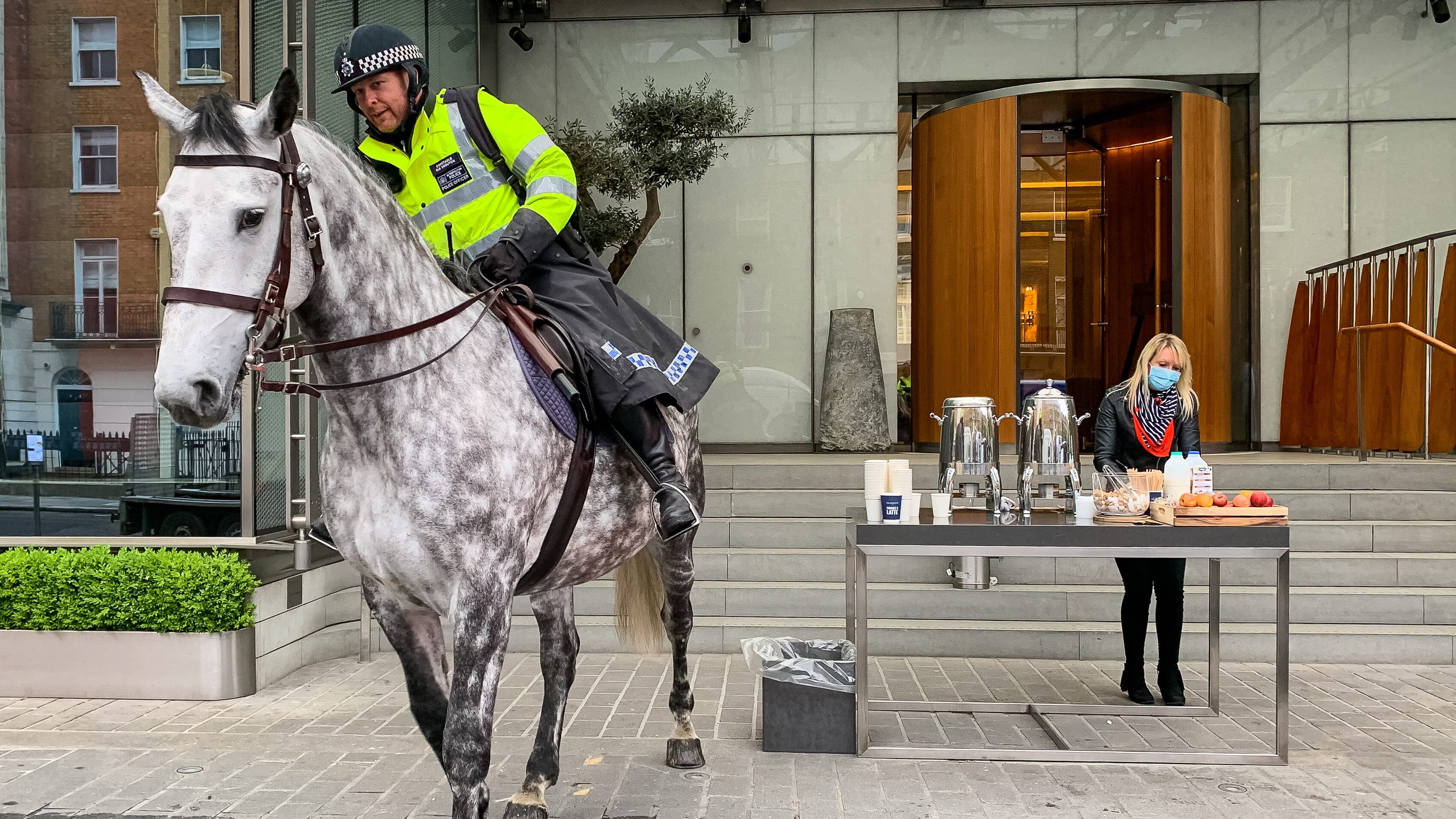 A police horse arrives at a free drive-through for the emergency services at The Berkeley Hotel as the UK continues in lockdown to help curb the spread of the coronavirus. (Photo by Aaron Chown/PA Images via Getty Images)