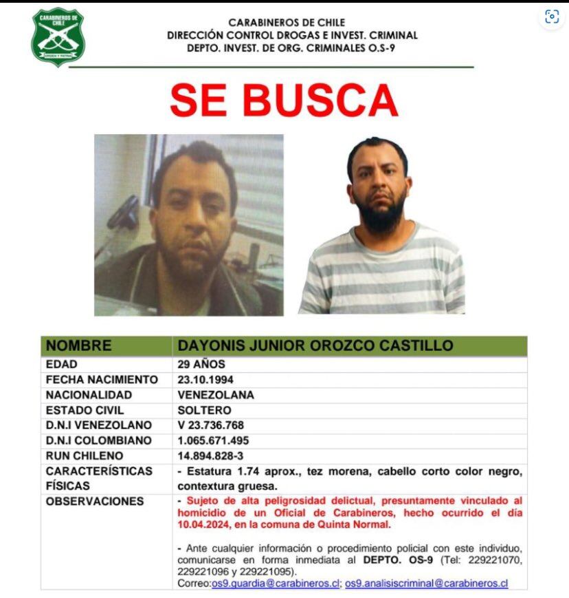 Carabineros publica cartel con características del prófugo involucrado en homicidio de teniente Sánchez