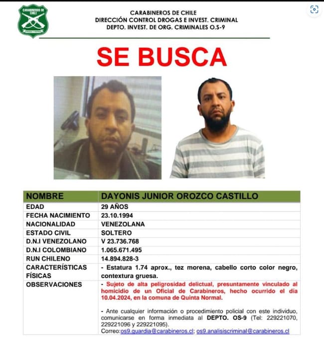 Carabineros publica cartel con características del prófugo involucrado en homicidio de teniente Sánchez