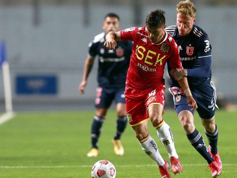 19 de Abril del 2021/RANCAGUAMarcelo Jorquera (i) y Thomas Rodrguez (d), durante el partido valido por la cuarta fecha del Campeonato Nacional AFP PlanVital 2021, entre Universidad de Chile vs Union Espaola, disputado en el Estadio El Teniente.
FOTO:JAVIER VALDES LARRONDO/AGENCIAUNO