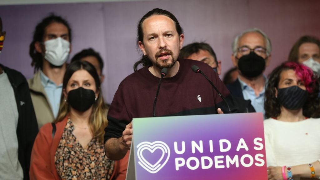 MADRID, SPAIN - MAY 04: The candidate of Unidas Podemos to the presidency of the Community of Madrid and secretary general of Podemos, Pablo Iglesias, during a press conference after voting on election day, on 4 May, 2021 in Madrid, Spain. Iglesias announced tonight that he leaves all positions in his party and will not pick up the deputy deputy in the Assembly of Madrid. (Photo By I.Infantes.POOL/Europa Press via Getty Images)